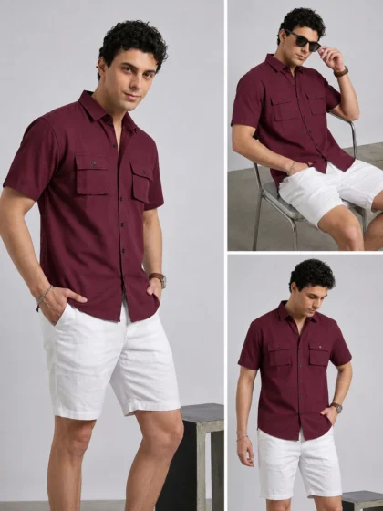 Double Pocket Half Sleeve Shirt - Maroon