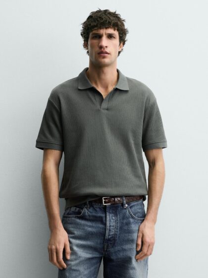 Linen Textured Polo Shirt - Grey